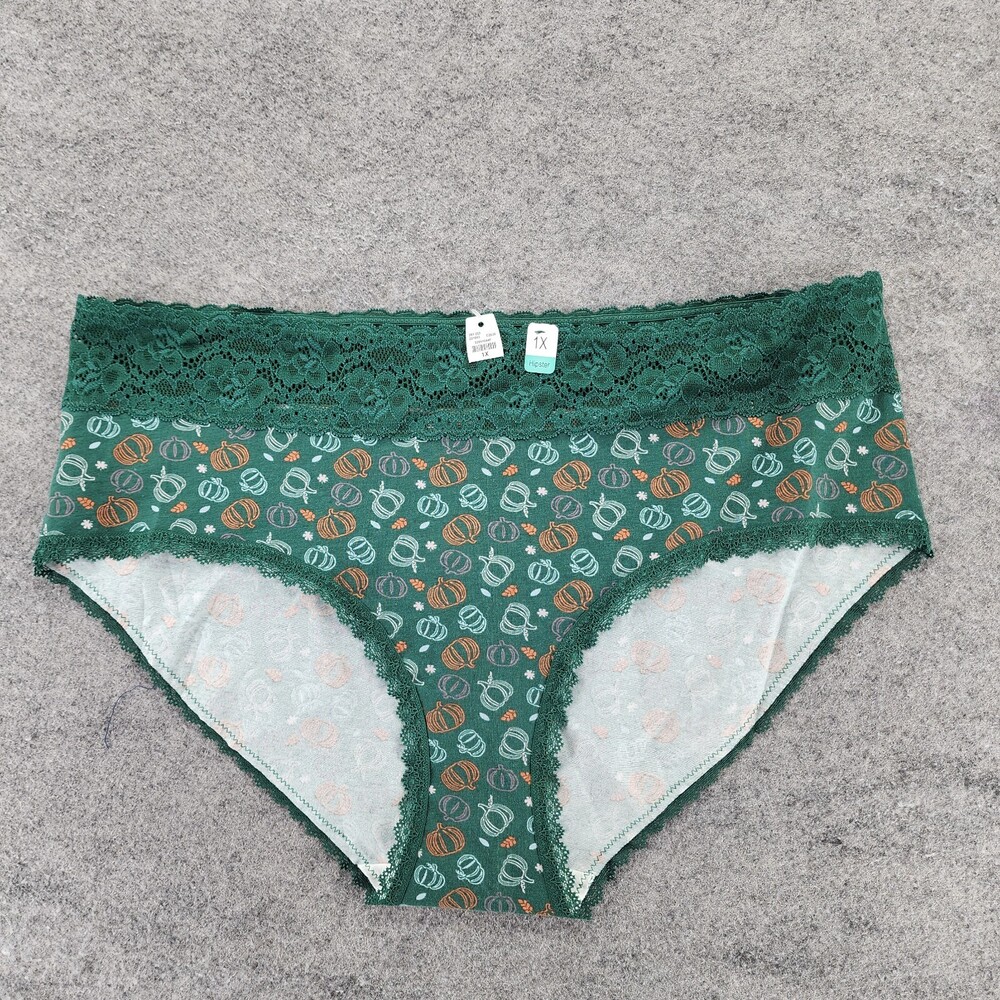 Maurices Panties Womens 1X Hipster Green Lace Trim Pumpkins